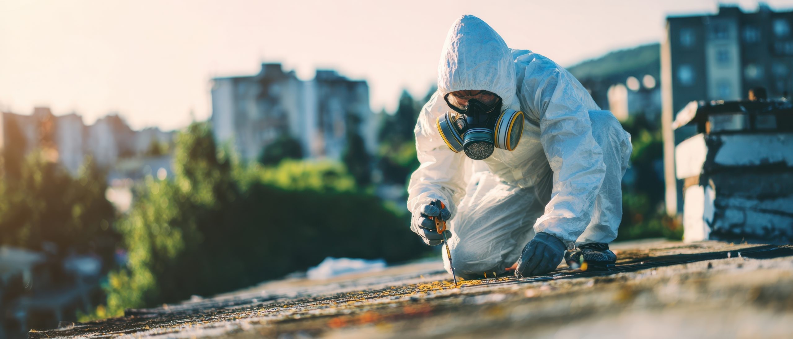 The Hazmat Suited Worker Repairing a Rooftop During Urban Decontamination at Sunset