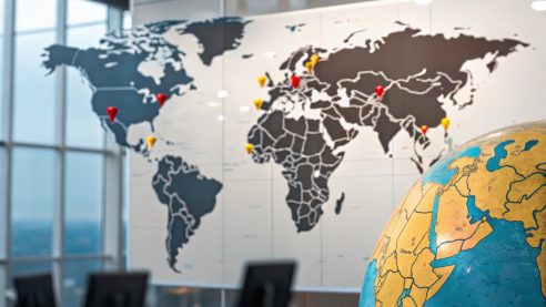 Modern office space with a world map wall decal and a globe, highlighting various global locations with push pins.